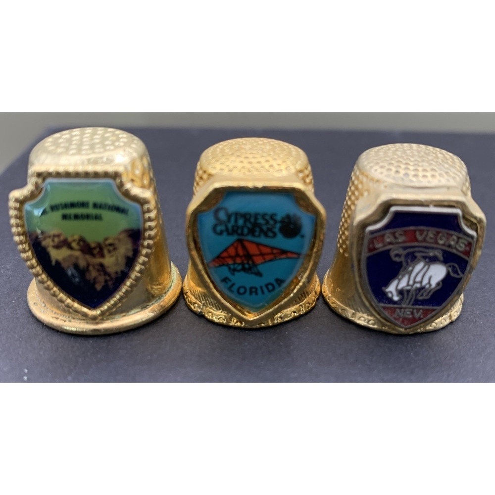 Lot Of 3 Gold Tone Souvenir Thimbles Collectibles Grandma Cottagecore